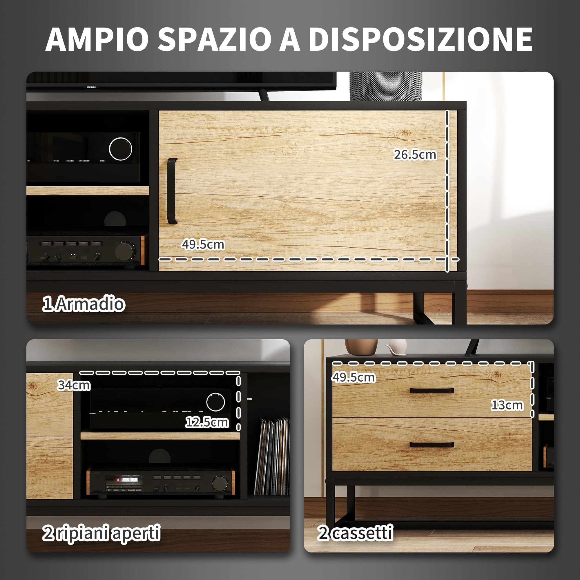 HOMCOM Mobile Porta TV 60" con Armadietto, 2 Cassetti e Ripiani Regolabili, Mobile TV con 2 Aperture Passacavi in Legno per Soggiorno e Salotto, 140x35x45 cm, Legno Naturale e Nero