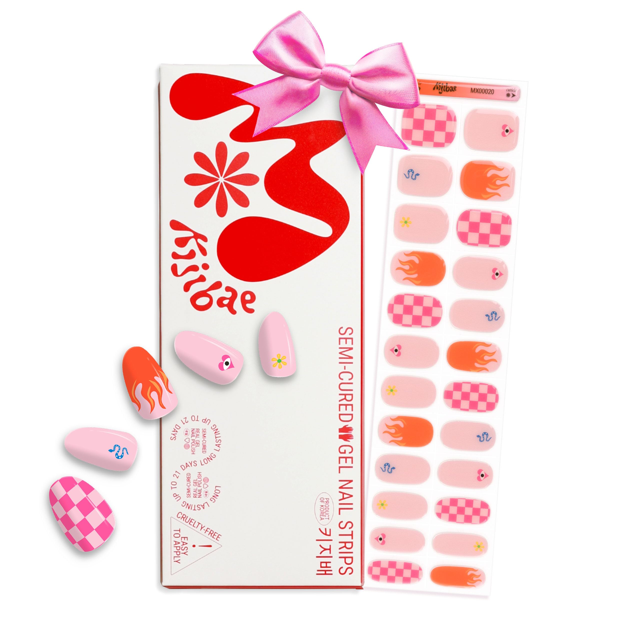 Kijibae 60% Semi-Cured Gel Nail Strips Kit (wild card) – Long Lasting, Easy to Apply Premium Nail Set, 24 pcs, Includes 2 Prep Pads, Nail File, Cuticle Stick