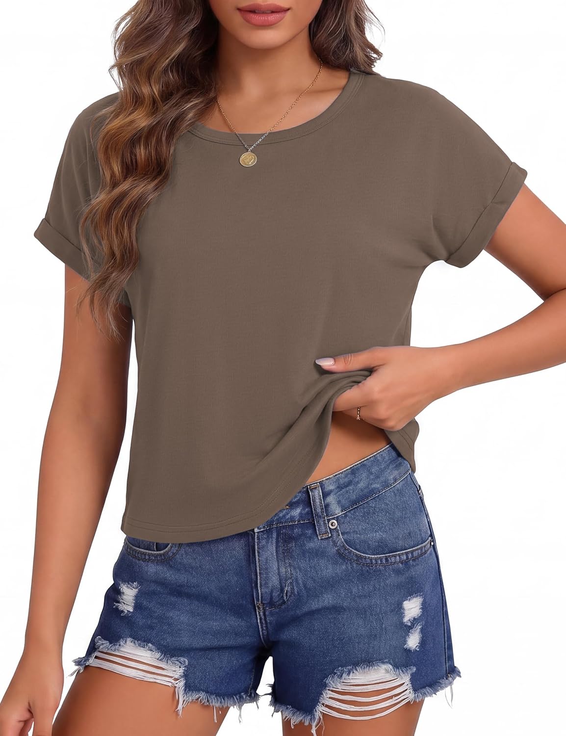 Totatuit Crop Tops for Women Short Sleeve Crewneck Shirts Summer Boxy Tee | Roll Sleeve Cropped TShirts Loose Fit Basic Tee Vacation Casual Clothing