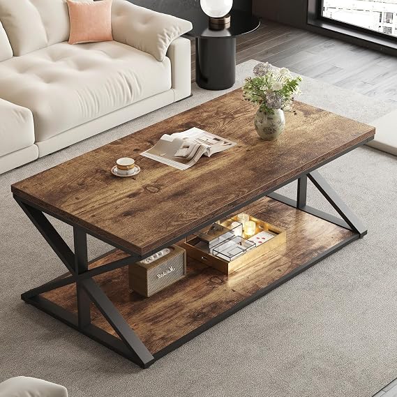 HSH Rustic Coffee Table, Farmhouse Coffee Tables for Living Room, Rectangle Wooden Center Tables with Storage, Industrial Vintage Wood Cocktail Tea Table, Rustic Brown, 120 cm