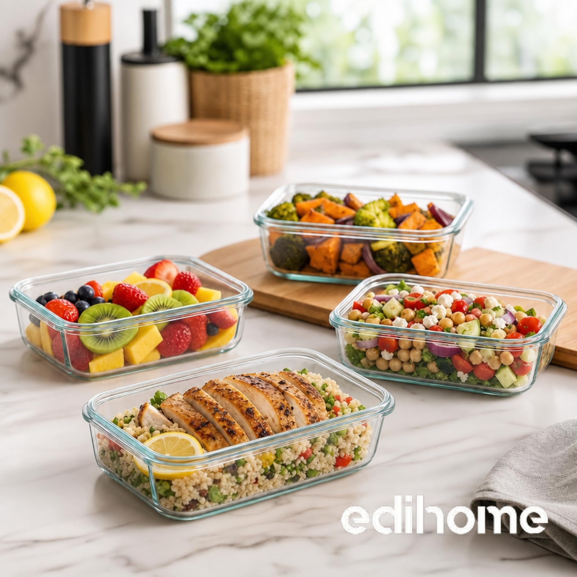 edihome, Contenitori Ermetici per Alimenti Vetro, 8,14 o 18 pezzi (contenitori + coperchi), a tenuta d'aria, a prova di perdite - Senza BPA, approvato dalla FDA e dal FSC (7 contenitori)