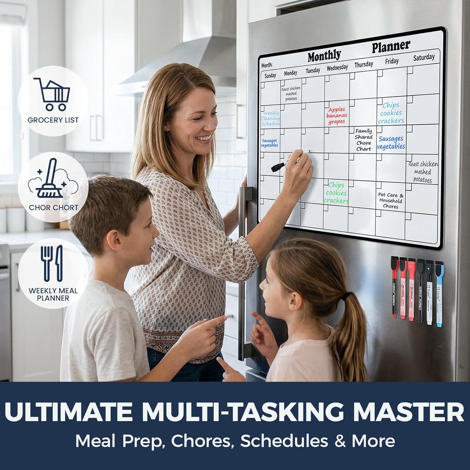 Magnetic Dry Erase Calendar for Refrigerator - 11"x8" Mini Fridge Whiteboard with 6 Markers & 2 Erasers, Weekly Planner & Family Schedule Board, Anti-Stain PET Surface, Sunday Start