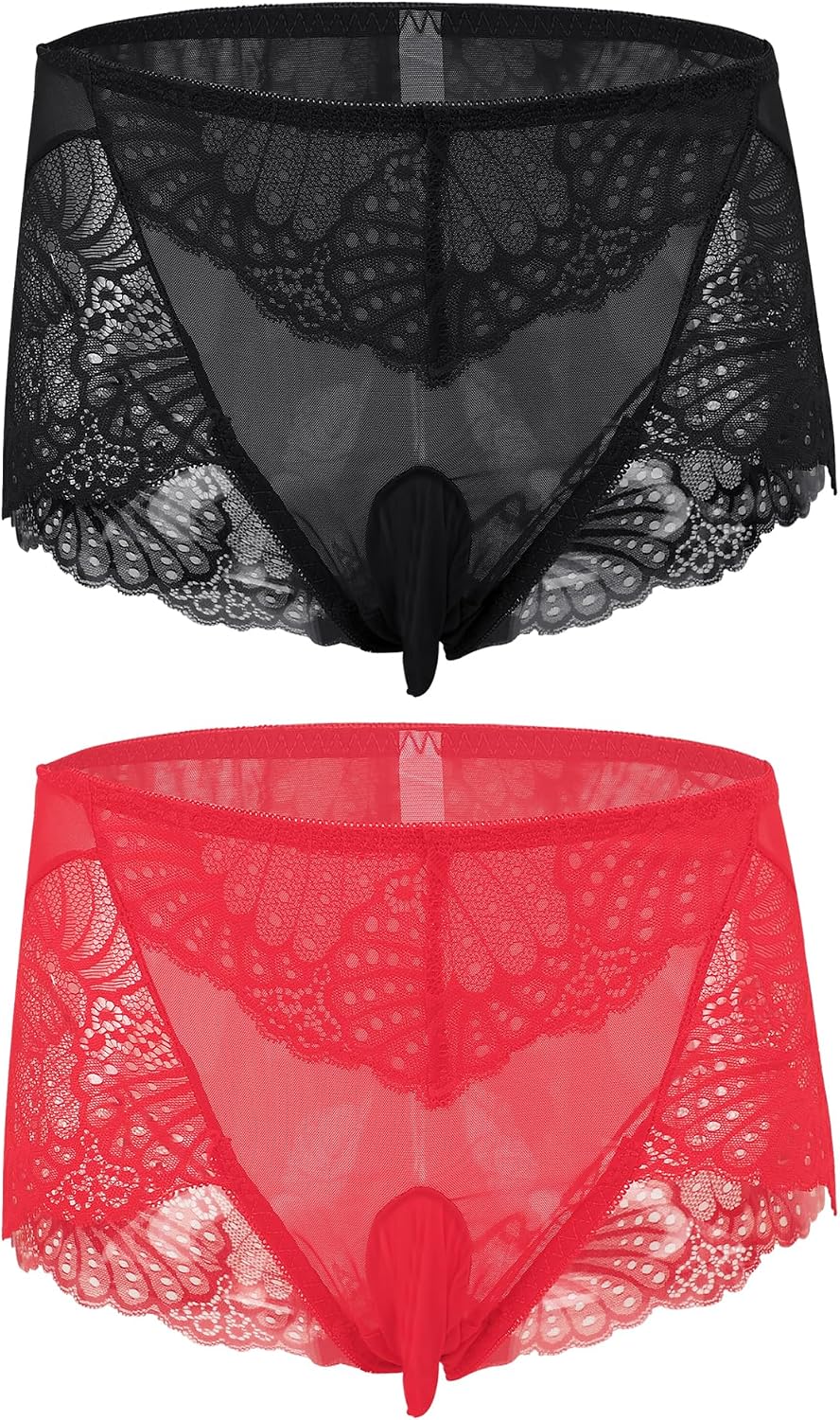 PURFUN 2 Pcs Mens Sexy Mesh Thong Underwear Bulge Pouch Bikini Briefs See Through Underpants Gay Crossdresser Sissy Lingerie