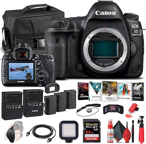 Canon EOS 5D Mark IV - Cámara DSLR (solo cuerpo) (1483C002), tarjeta de memoria de 64 GB, funda, software de fotos Corel, 2 baterías LPE6, cargador,