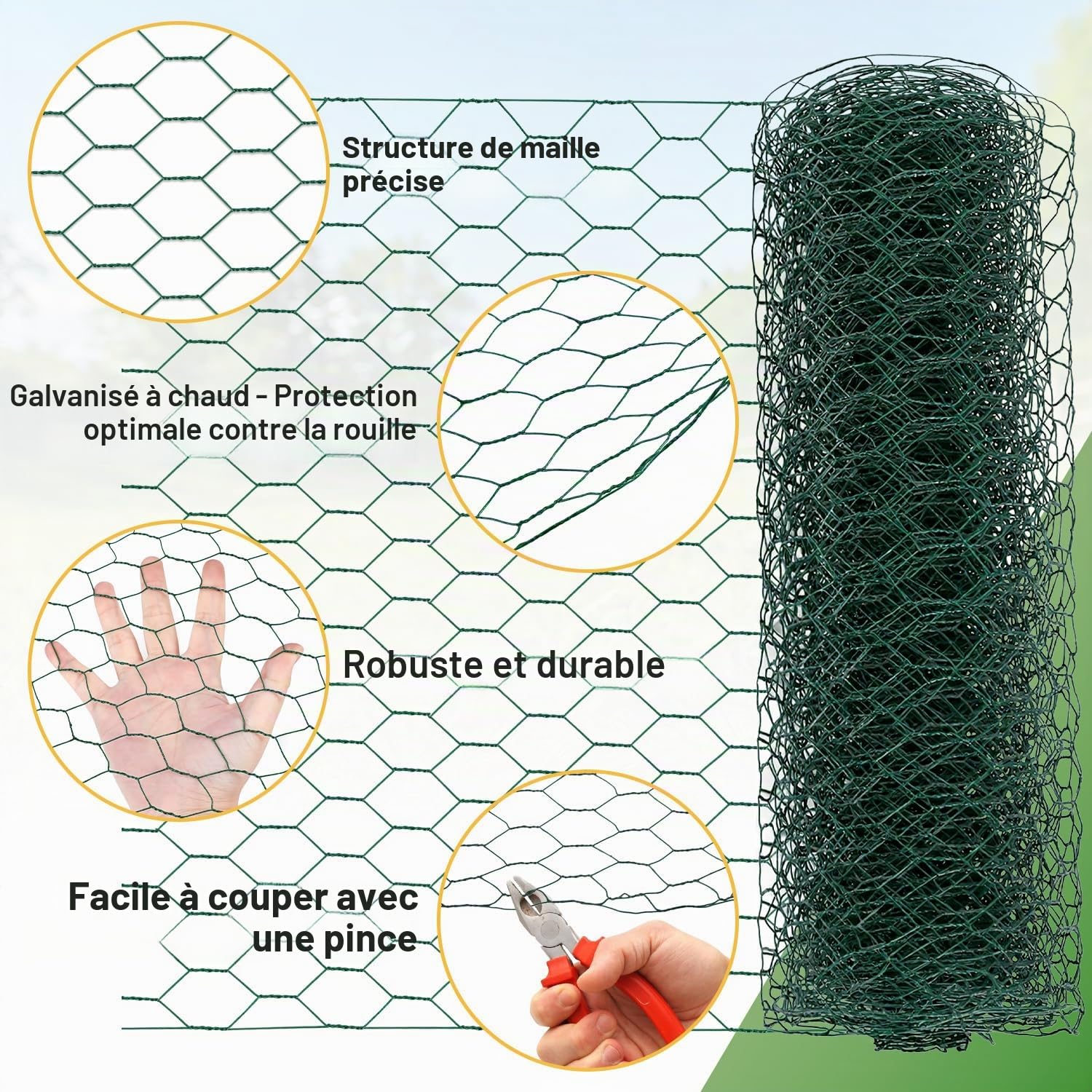 Eulenke Grillage hexagonal galvanisé pour lapin, grillage métallique, grillage hexagonal, largeur des mailles 27 mm, hauteur 50 cm, longueur 25 m, vert