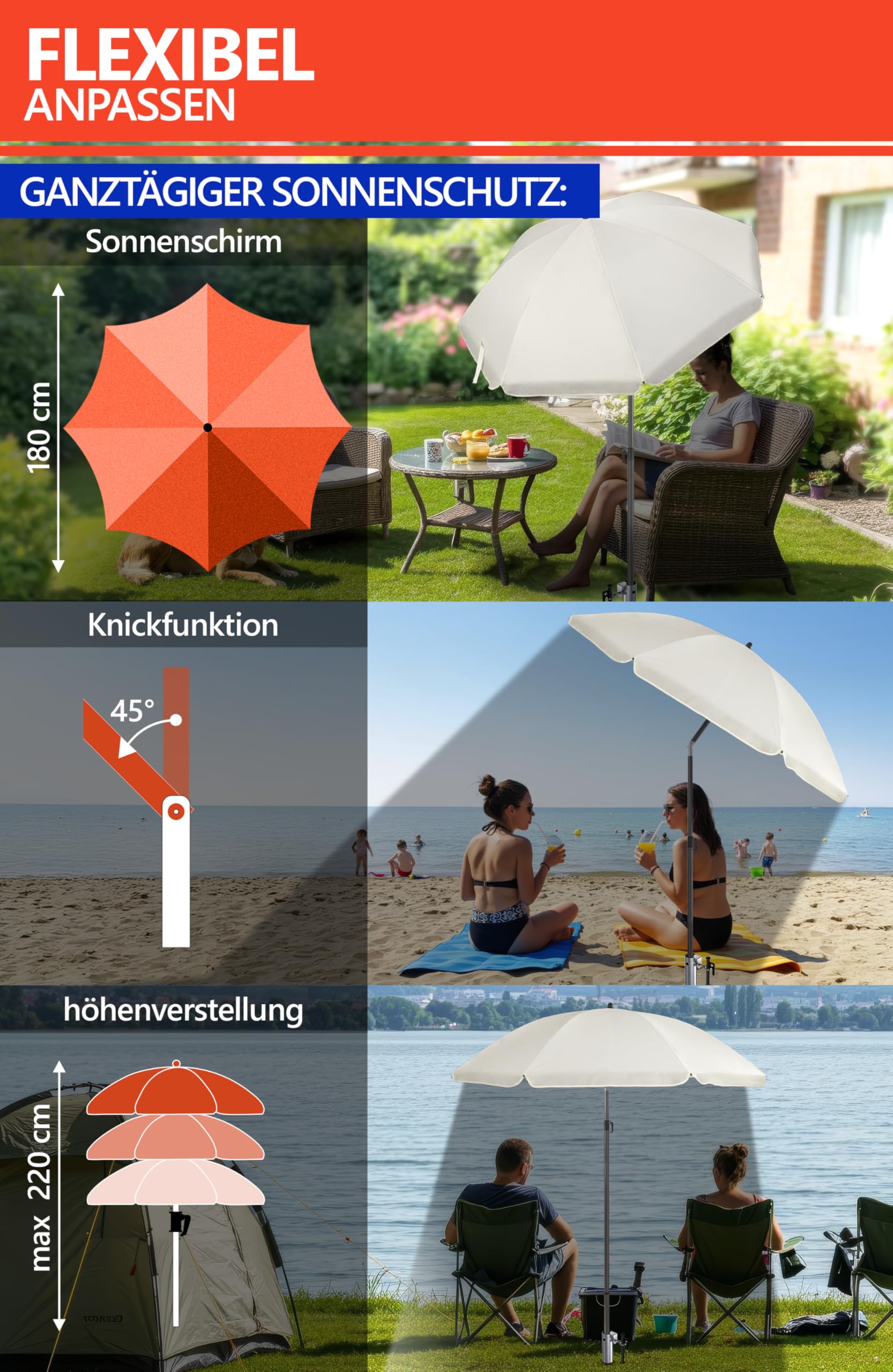 4smile Sonnenschirm Strand Set 3-in-1 Ø 180 cm Windfest UV Schutz 50+ Beige