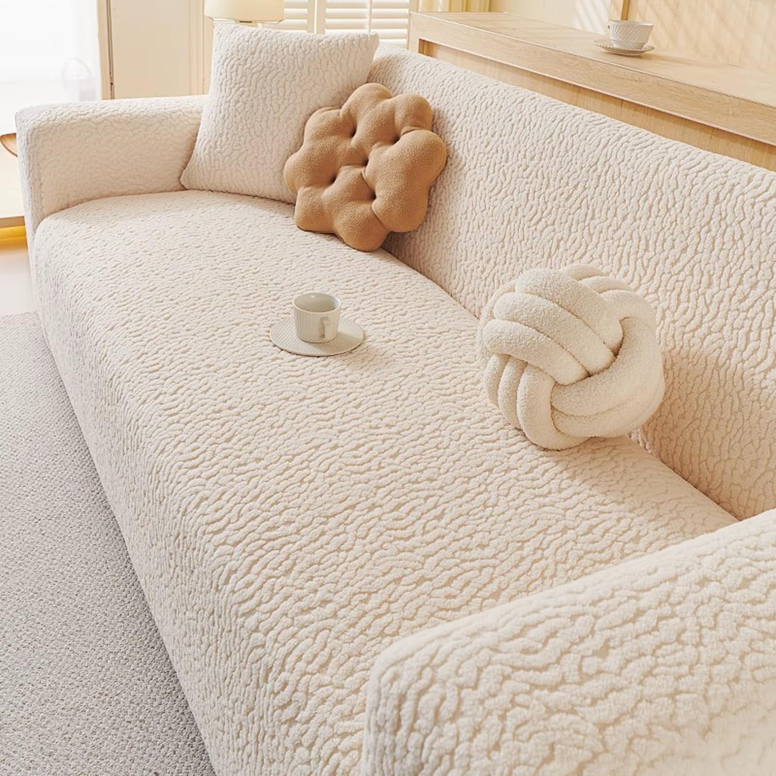 Housse canapé en L extensible fausse fourrure pour rénover un canapé usé de salon