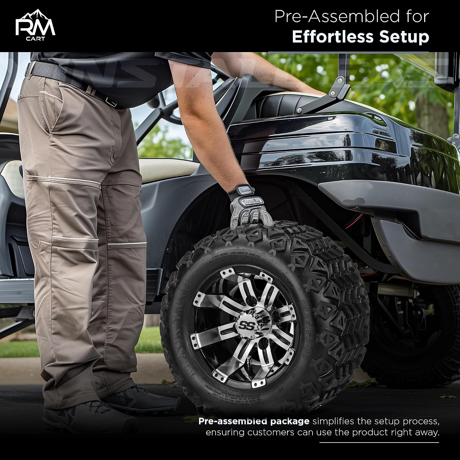 RM Cart 10" Casino Black/Machined on 18x9.5-10 Black Trail Tires (Set of 4) | Golf Cart Tires and Wheels Combo with Standard Lug Nuts