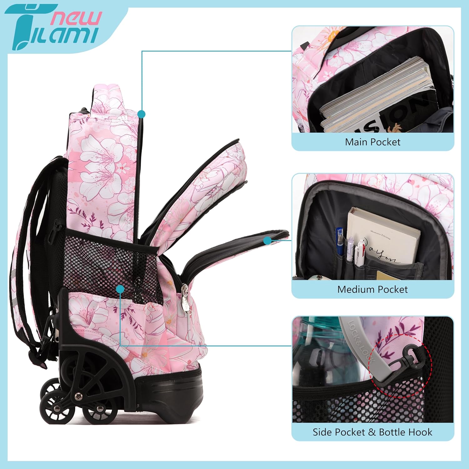 NEW TILAMI 18 Inch Rolling Backpack with Wheels for Girls Boys Kids Laptop Backpack School Travel, Pink Flowers - Image 3