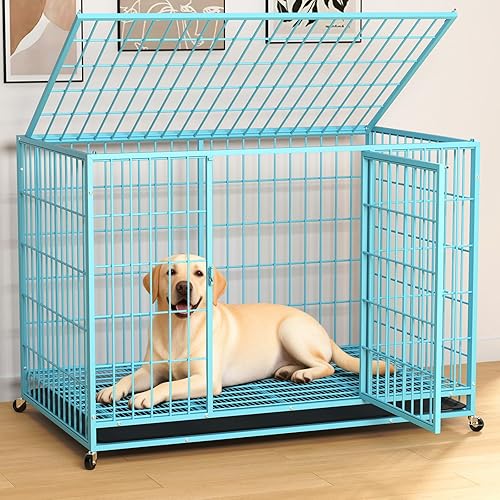 Jaula grande para perros de 48 pulgadas, jaula para perros a prueba de fugas con doble cerradura de puerta y ruedas giratorias, bandeja extraíble