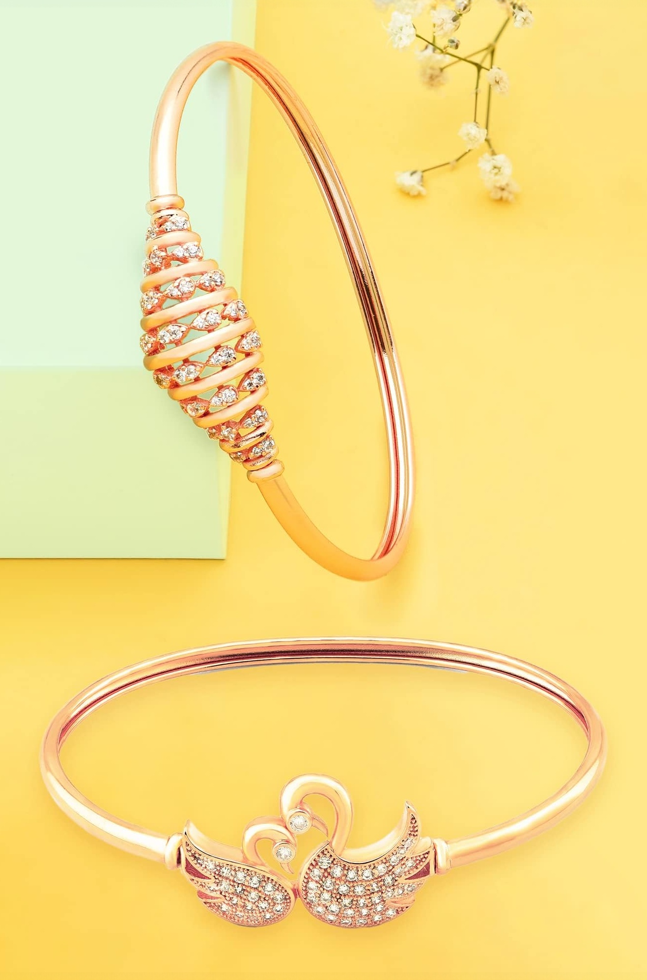 Set of 2 Rose Gold Cubic Zirconia Contemporary Brass Kada Bracelets For Women-ZPFK13376