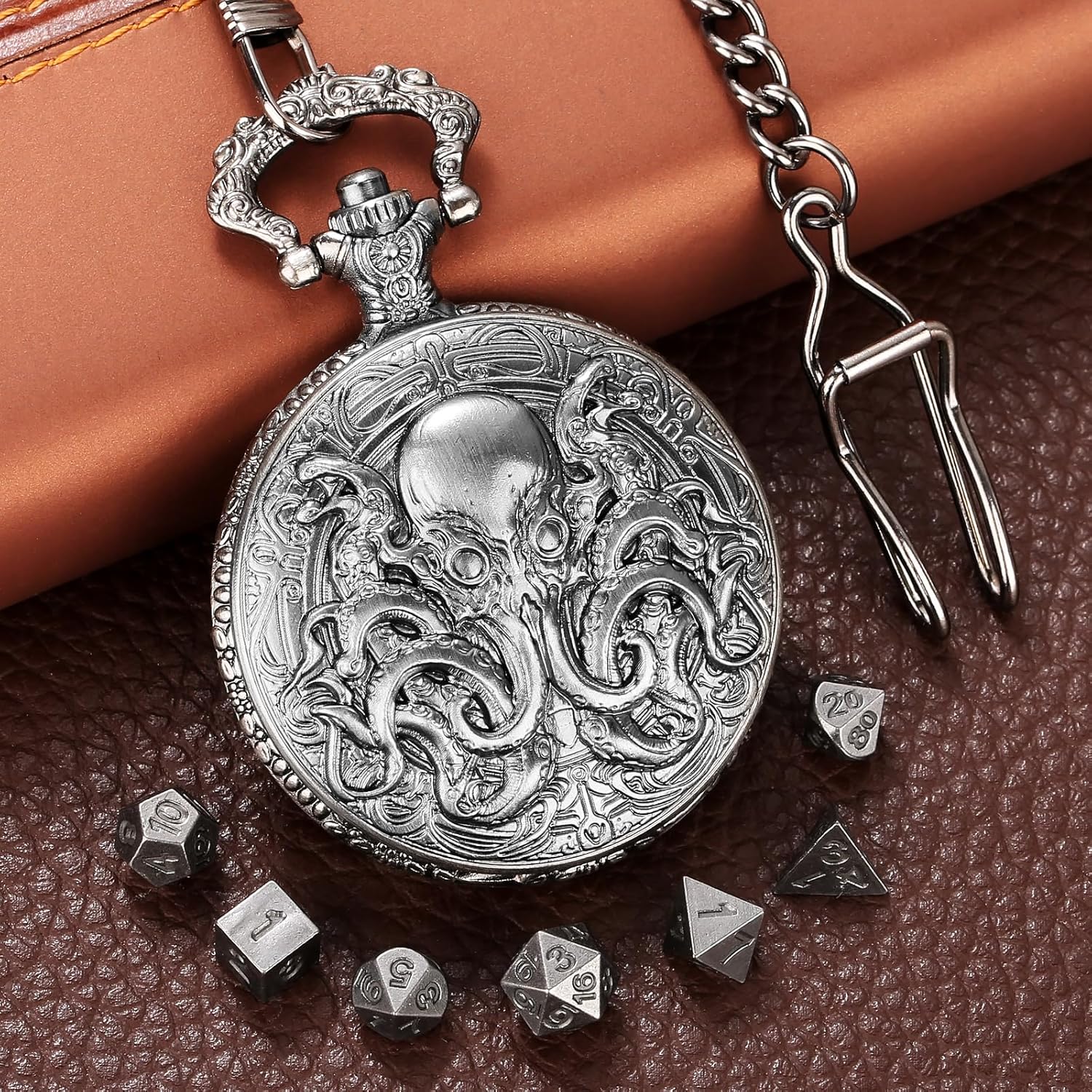 Mini DND Dice Set with Steampunk Double Eyed Octopus Pocket Watch Case, Tiny 7PCS Polyhedral Metal D&D Dice, DND Gifts with Gift Box, Role Playing Game Board Game Accessories Dice, Dark Silver