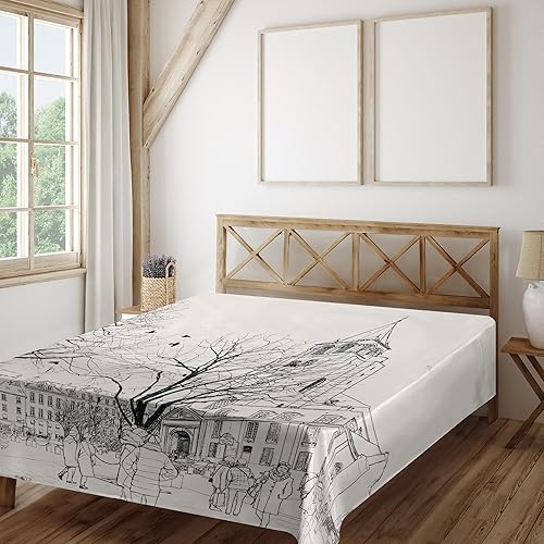 Miniatura 2 de Ambesonne Paris Flat Sheet, People Passing by St-Germain-des-Pres Area Medieval Europe Parisian Winter, Soft Comfortable Top Sheet Decorative
