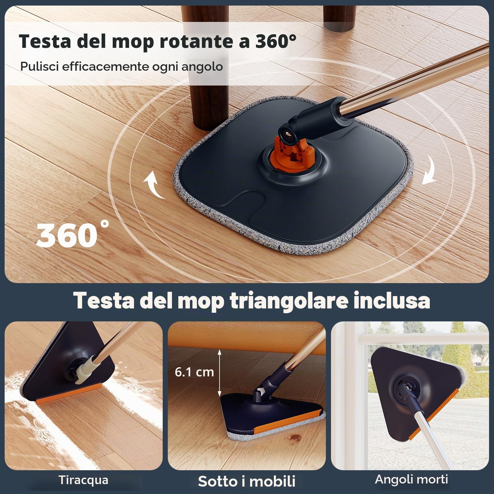 FANATSK - Mocio con sistema a secchio, 4L, con testa girevole a 360°, sistema di separazione, con 8 panni in microfibra, sistema di pulizia per pavimenti bagnati e asciutti, colore: Blu