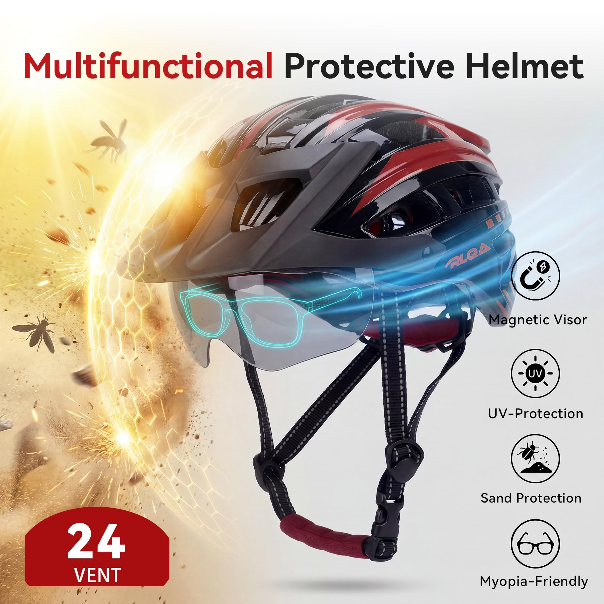 RLQA Casco Bici Uomo Donna con Luce LED Posteriore a 5 Modalità e Visiera Magnetica, Casco MTB e Bici da Strada, 24 Prese d'Aria, Leggero e Regolabile - 5