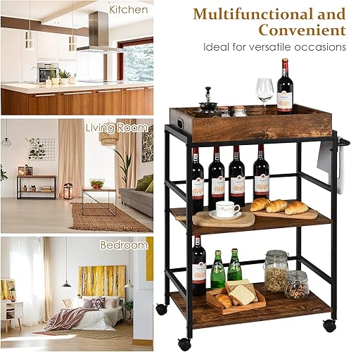 Miniatura 8 de Carrito de isla de cocina, carrito rodante de 3 niveles con bandeja extraíble y estante de asa, islas de almacenamiento de cocina de madera y carros