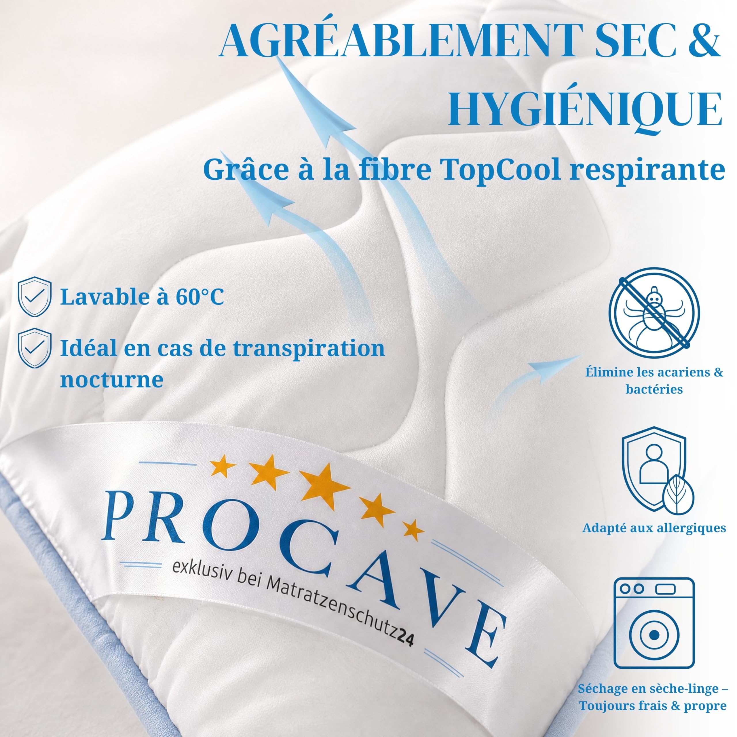 PROCAVE Oreiller pour dormeur latéral, revêtement TopCool, Coussin d’Allaitement Doux, Coussin de maternité Respirant 40x145 cm, fabriqué en Allemagne