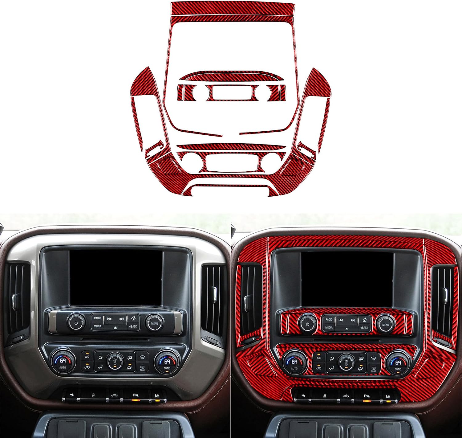 Real Carbon Fiber Compatible with Chevrolet Silverado 1500/GMC Sierra 1500 2014-2018 Car Center Console Full Set 21pcs Trim Decals Sticker Decoration Auto Interior Accessories Cover Style A Red