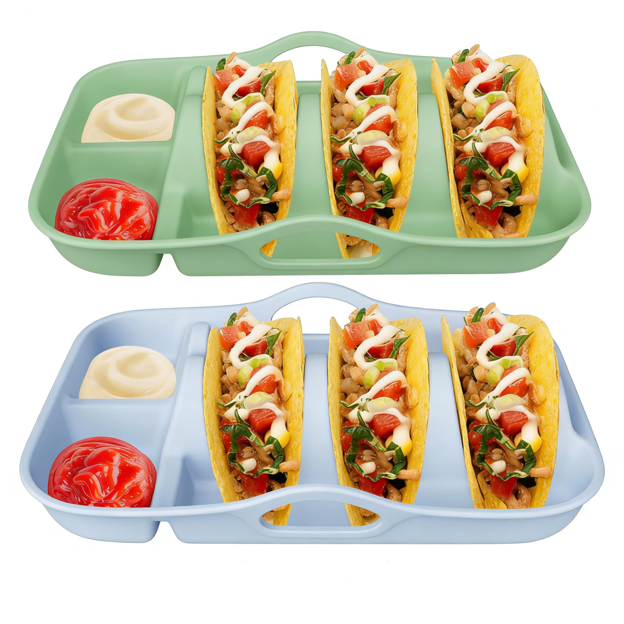 Doumix Silicone Taco Holder with Dividers Set of 2, Reusable Taco Plate with Dipping Sides, Taco Stand Snack Plate for Party & Family Dinners, Tuesday Bar