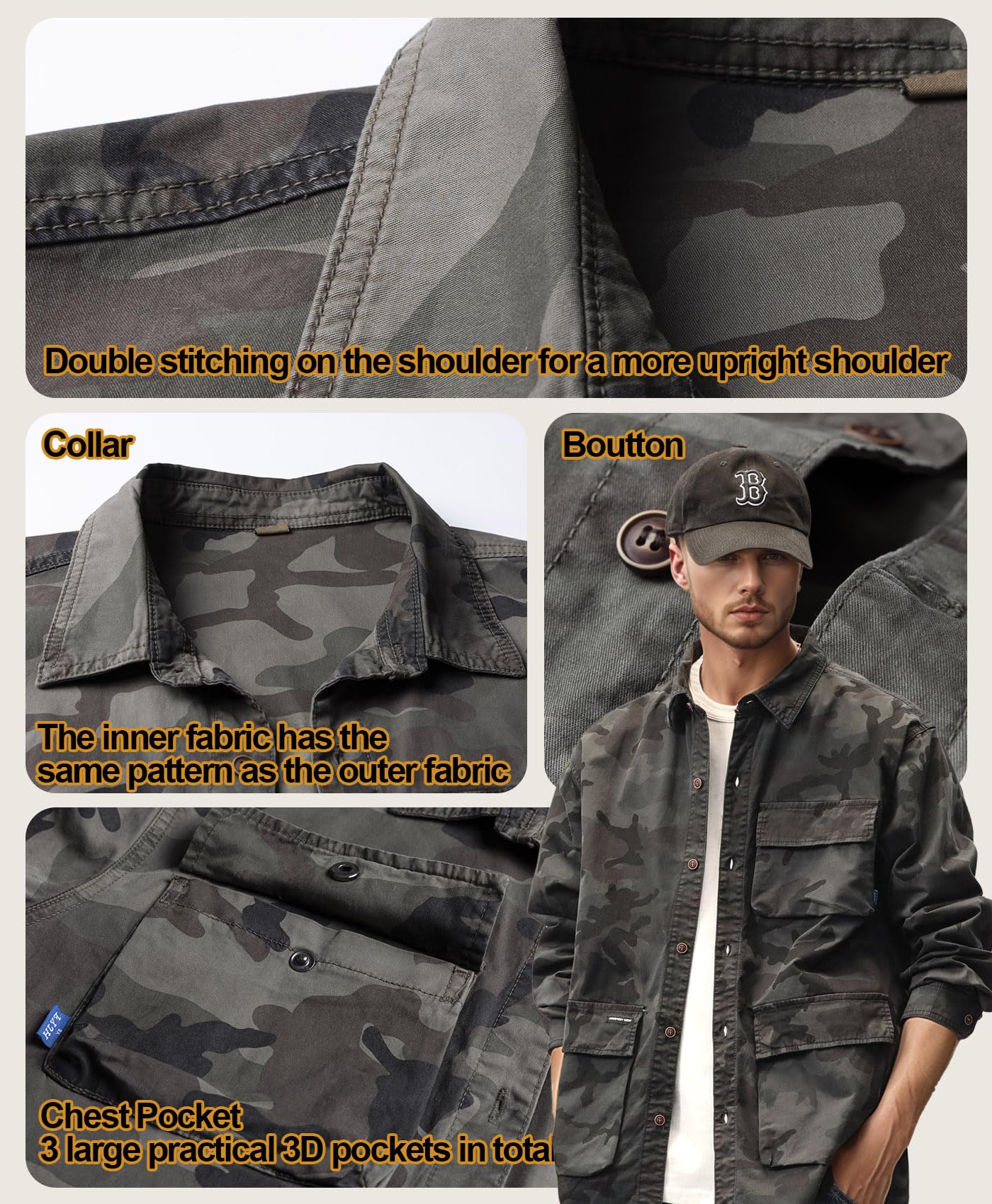 Harbrosrce Vintage Camisa Manga Larga para Hombre Informales Grueso Algodón Camuflaje Shirt Chaqueta Militar Camisa Casual de Trabajador con Botónes Top con Bolsillo
