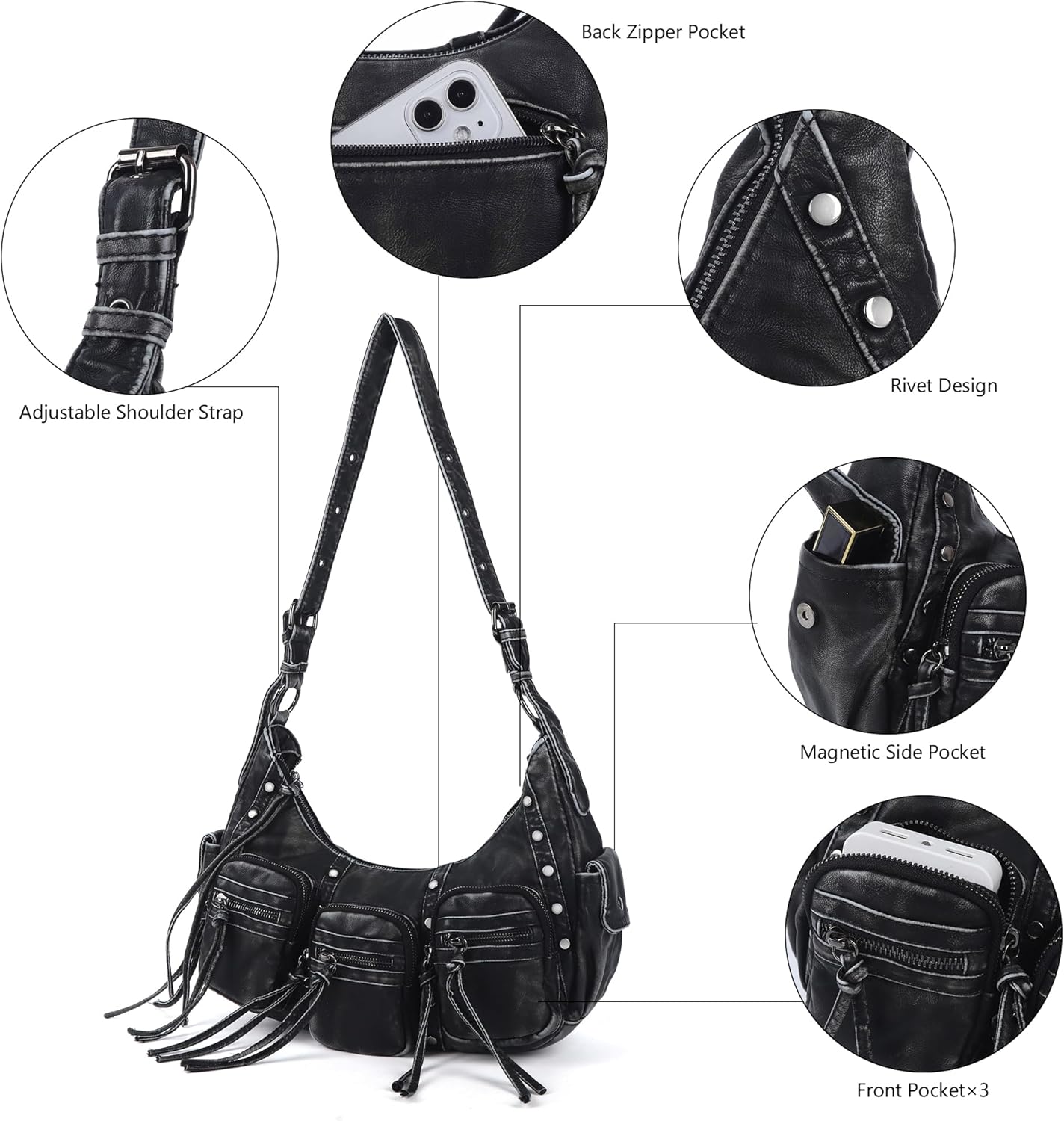 Angel Kiss Hobo Bags Purse for Women Y2K Shoulder Bag Multi Pockets Designer Satchel Studded Handbags with Strap - Image 9