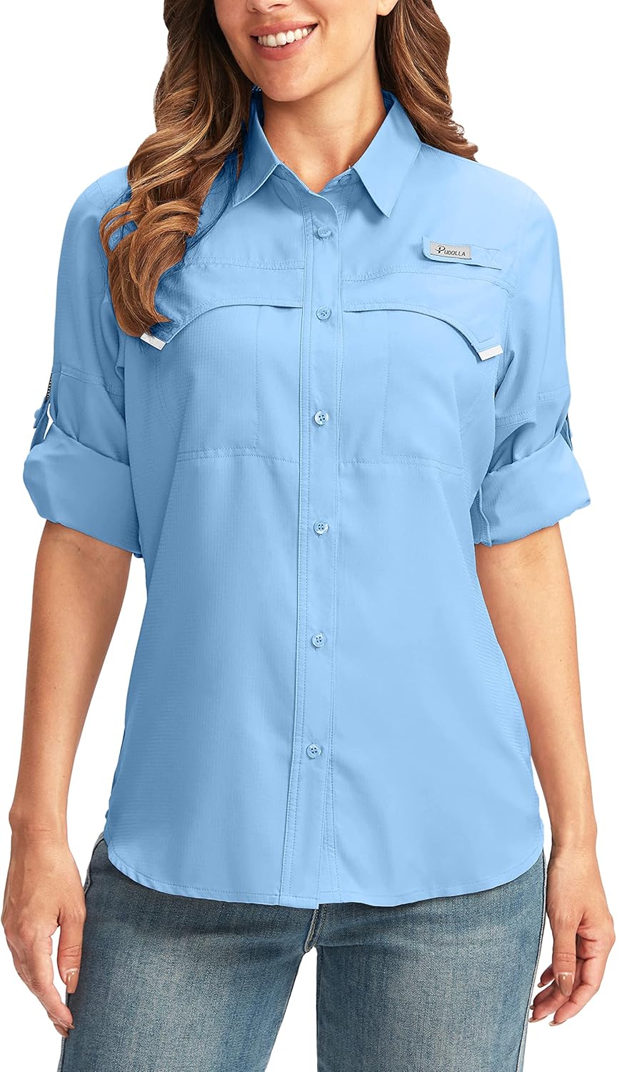 Pudolla Women's UPF 50+ UV Sun Protection Shirts Long Sleeve Fishing Hiking Shirt Cool Lightweight Travel Safari Shirts