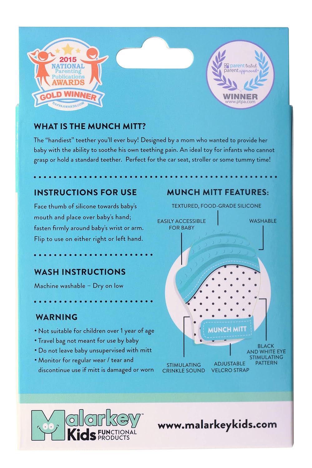 Malarkey Kids Patented Teething Mitten, Munch Mitt Baby Chew Toy - Protects Hands from Chewing & Saliva, Heals Aching Gums, Promotes Sound & Visual Stimulation for Babies - Aqua Polka Dot image 5 of 8 B01HS7LVAK