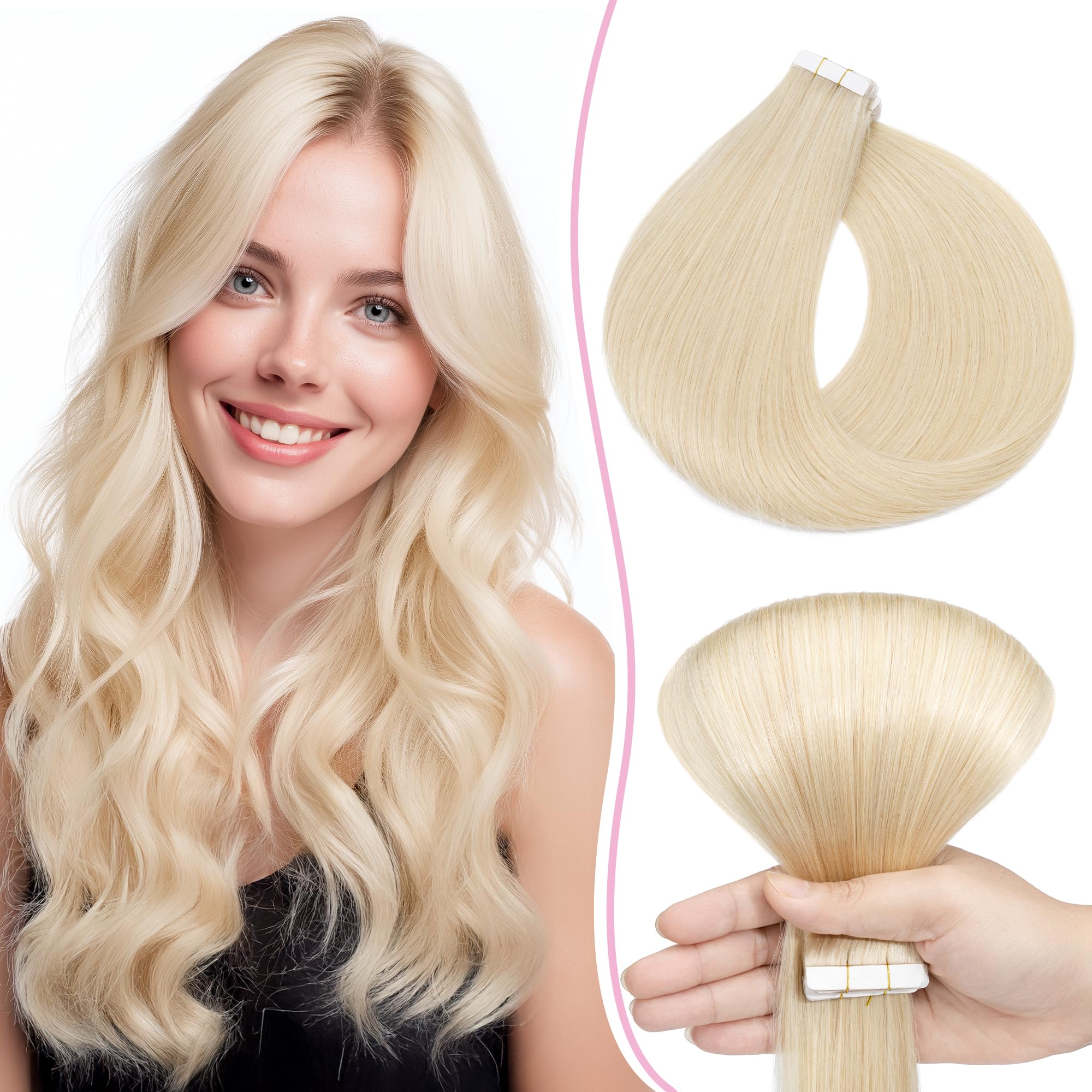 SEGO Pro Tape in Hair Extensions Real Human Hair 14 Inch 10 Pcs 15g Invisible Seamless Straight Tape Extensions for Women #60 Platinum Blonde