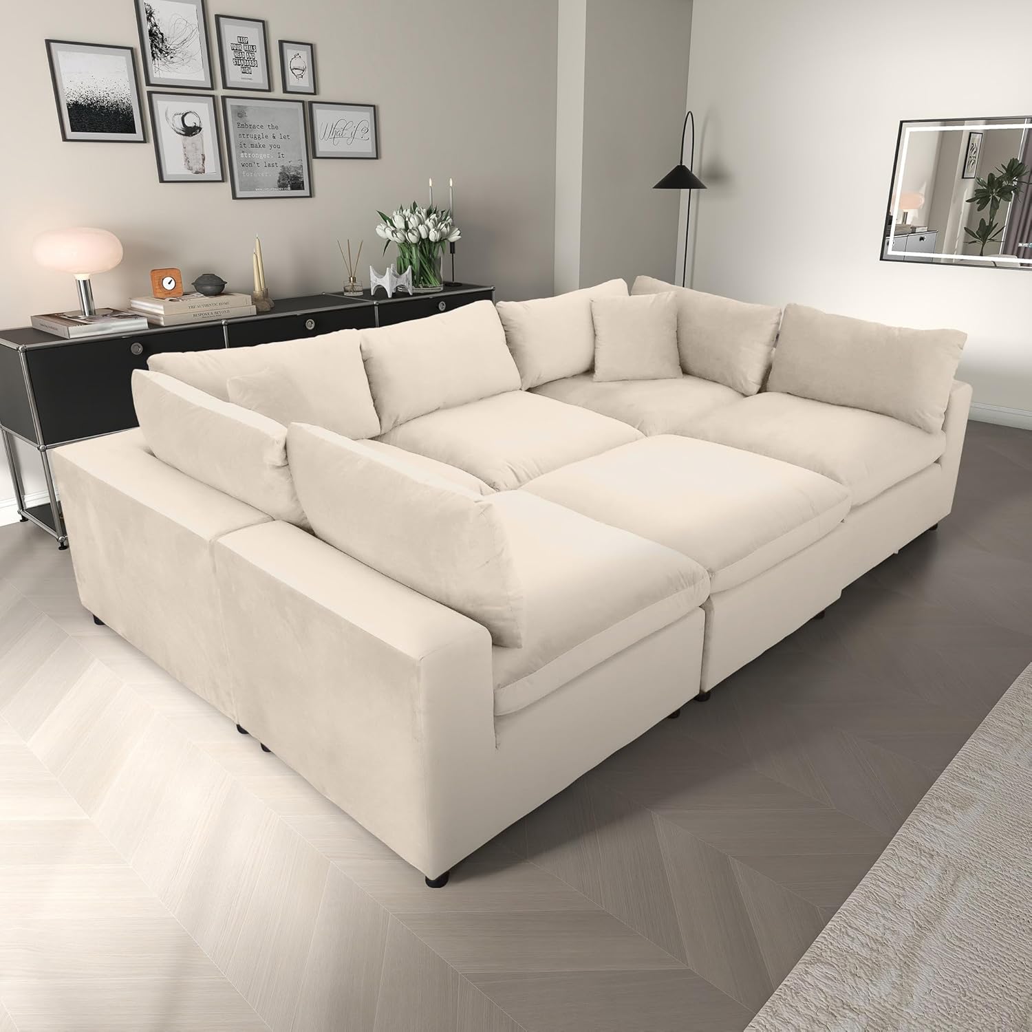 Modern Style 6 Seat Ivory White Velvet Modular Sectional Sofa,Sectional Couch