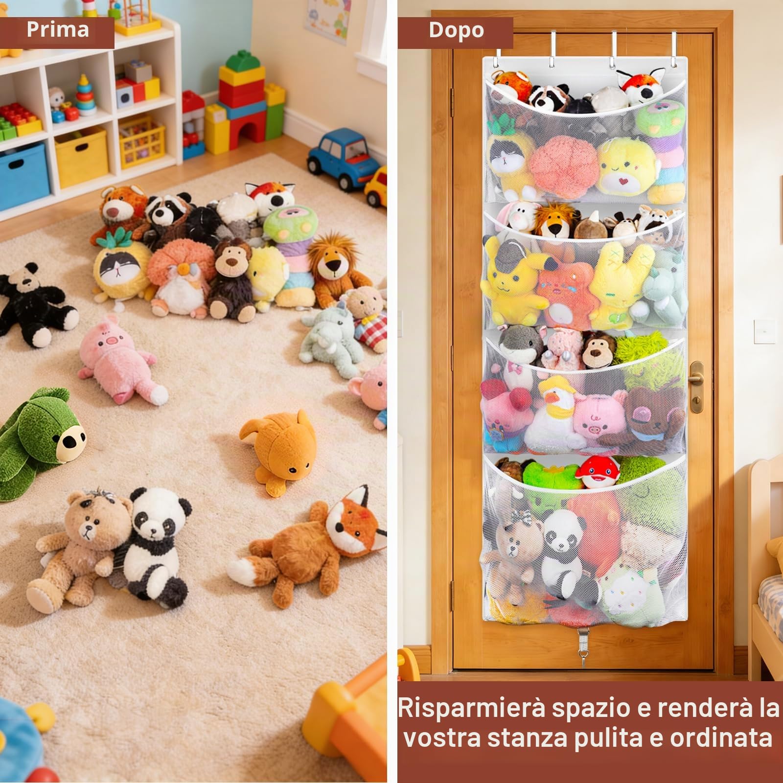 Contenitore per animali di peluche da appendere, grande organizer per giocattoli di peluche con gancio in metallo, idea per asilo nido, borsa a rete per bambole e orsi, per camera dei