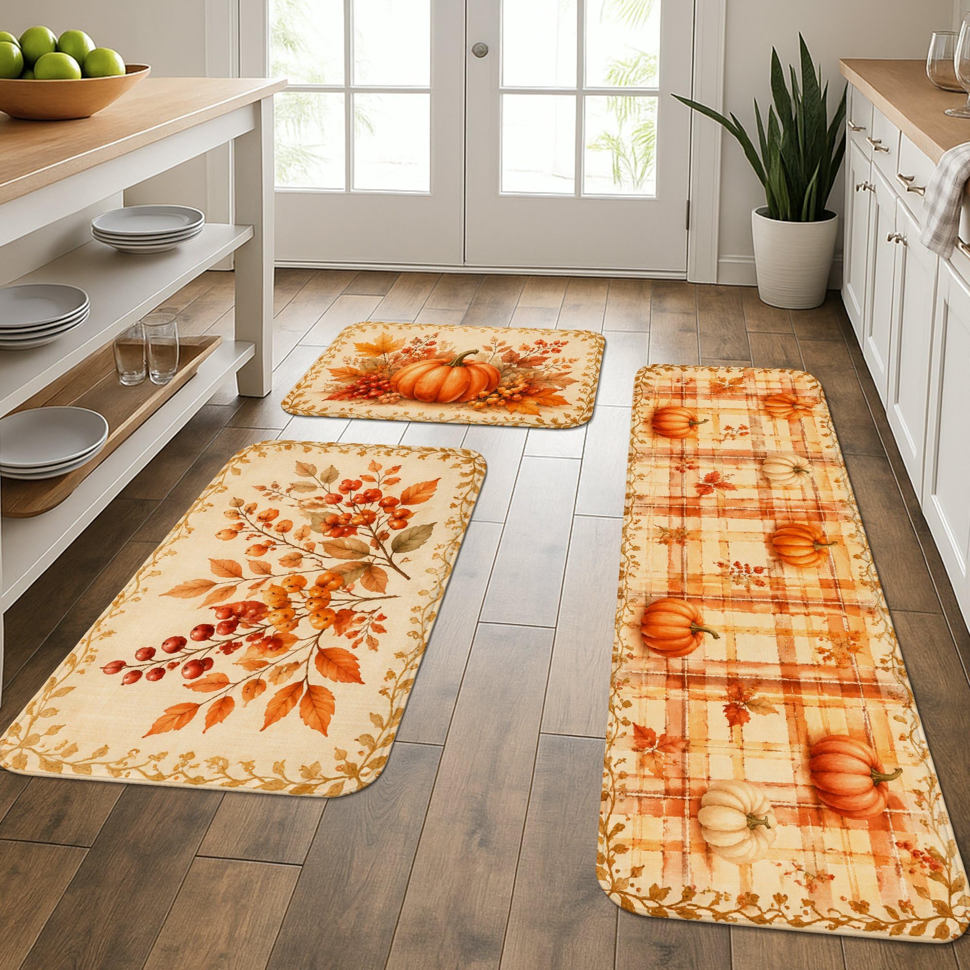 Tapis de cuisine citrouille lavable et rembourré pour décoration rustique d'automne lot de 3