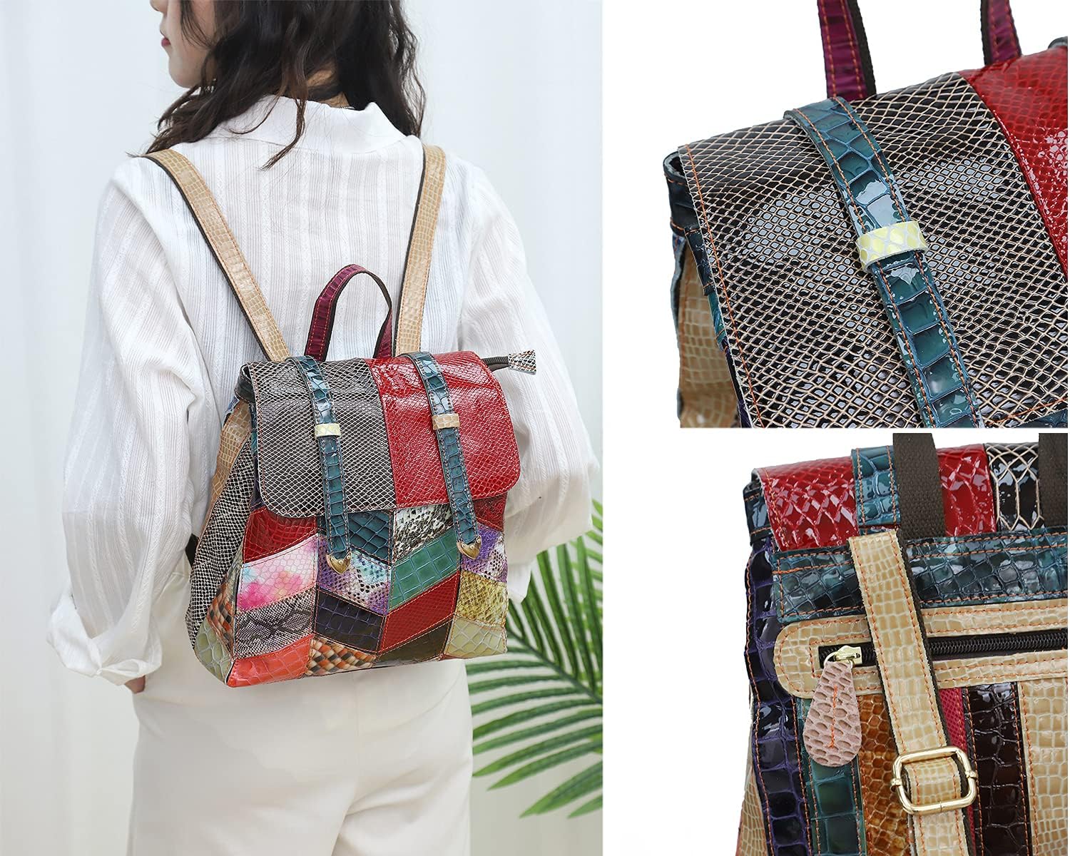 Women Random Multicoloured Backpack Genuine Leather Shoulder Handbag Colorful Patchwork Purses Campus Travel Daypack