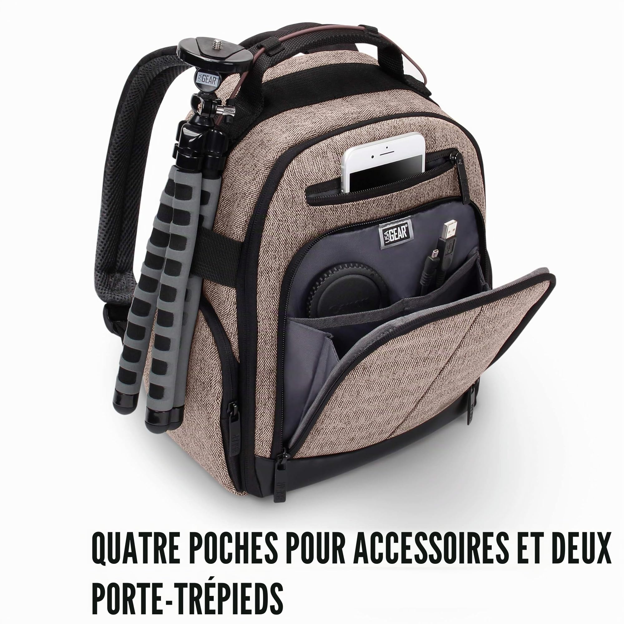 USA Gear Sac Appareil Photo Reflex avec Intérieur Ajustable pour Randonnées en Montagne, Sac à Dos Moto avec Base Etanche et Support Dos Rembourré - Compatible avec Canon, Nikon et Plus