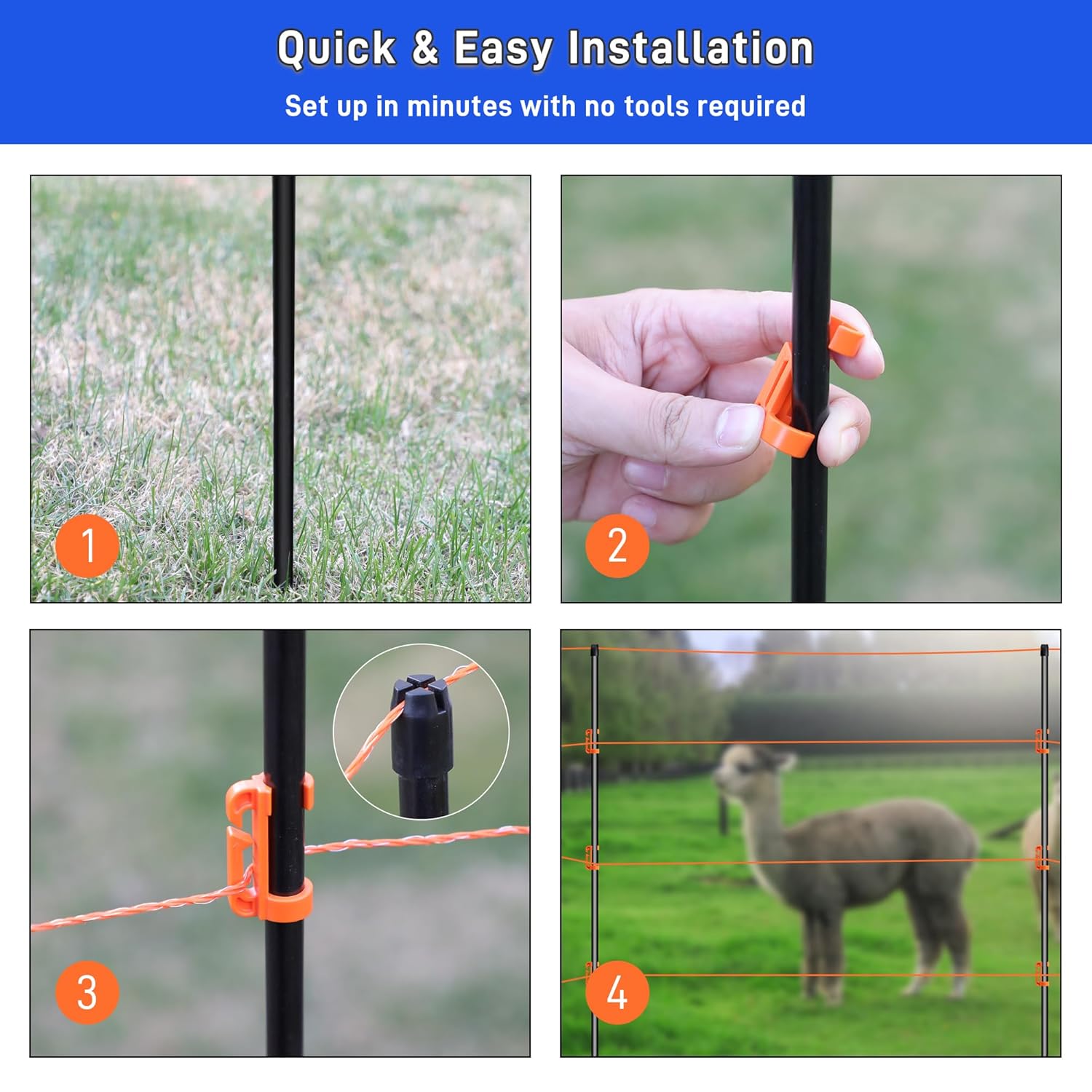 66Inch Fiberglass Electric Fence Posts 40Pcs, Temporary Graden Fence Post with 160 Adjustable Clips, Portable Step in Electric Fence Stakes for Farm, Garden and Horse Goat Sheep Small Animals Fences