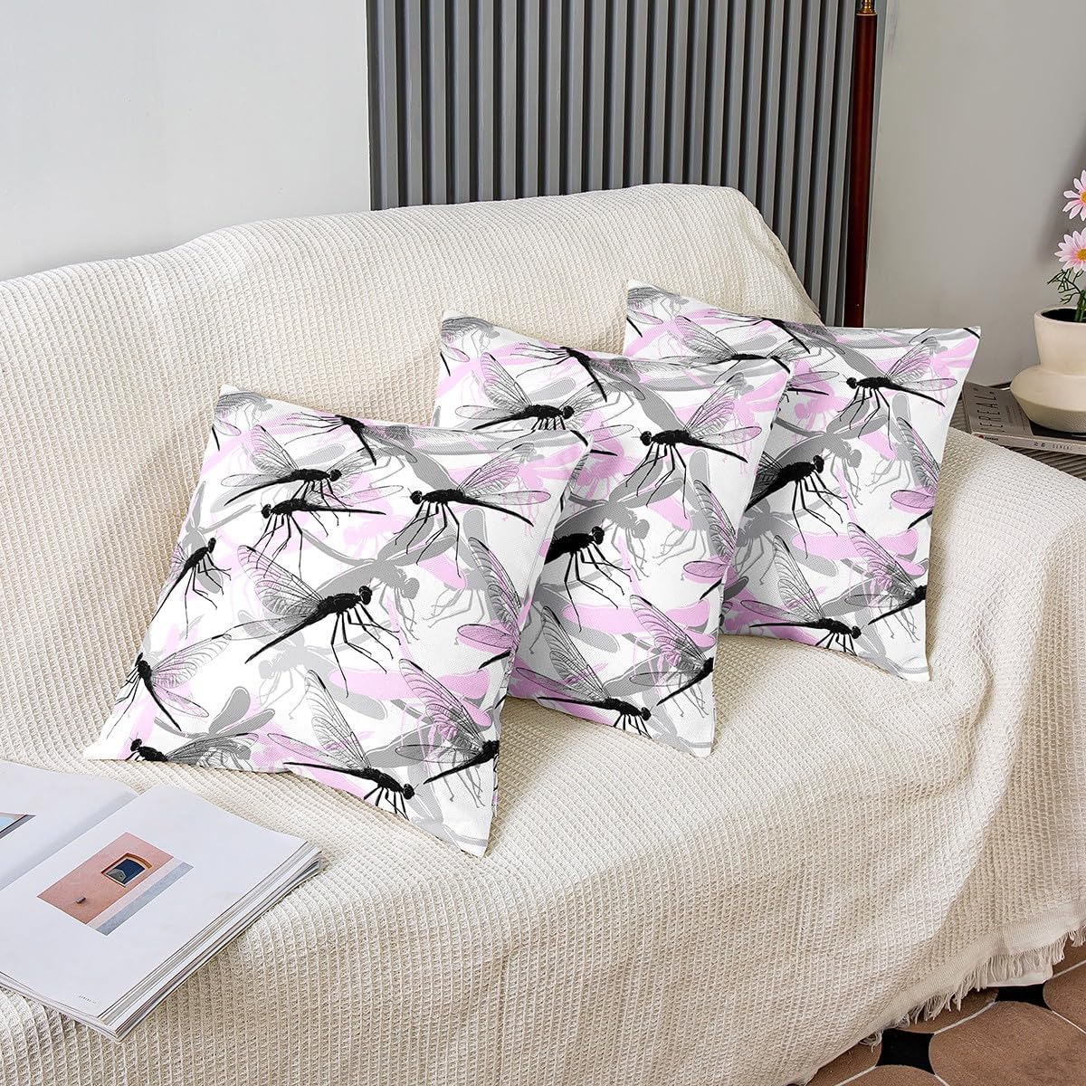 Dragonfly Gifts for Women, Black Pink Dragonfly Throw Pillow Covers 24x24 Inch Set of 2, Watercolor Dragonfly Pillow Covers, Flying Animals Cushion Cases, Dragonfly Wing Decorative Pillow Covers