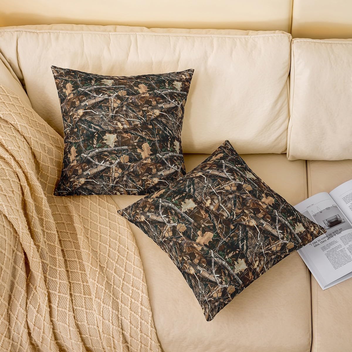 jejeloiu Camouflage Throw Pillow Covers 22"x22" Set of 2 Soft Tree Branches Pillow Cases Cushion Covers Decor Camo Tree Military Style Botanical Throw Pillowcases Brown Leaf Cushion Cases