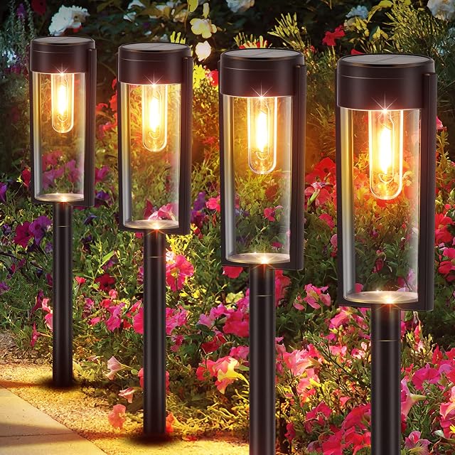 LETMY Solar Lights Outdoor Garden, 4 Pack Garden Lights Solar Powered with Warm White Tungsten Filament Lights, Waterproof Auto On/Off Garden Ornaments Outdoor for Yard Pathway Patio