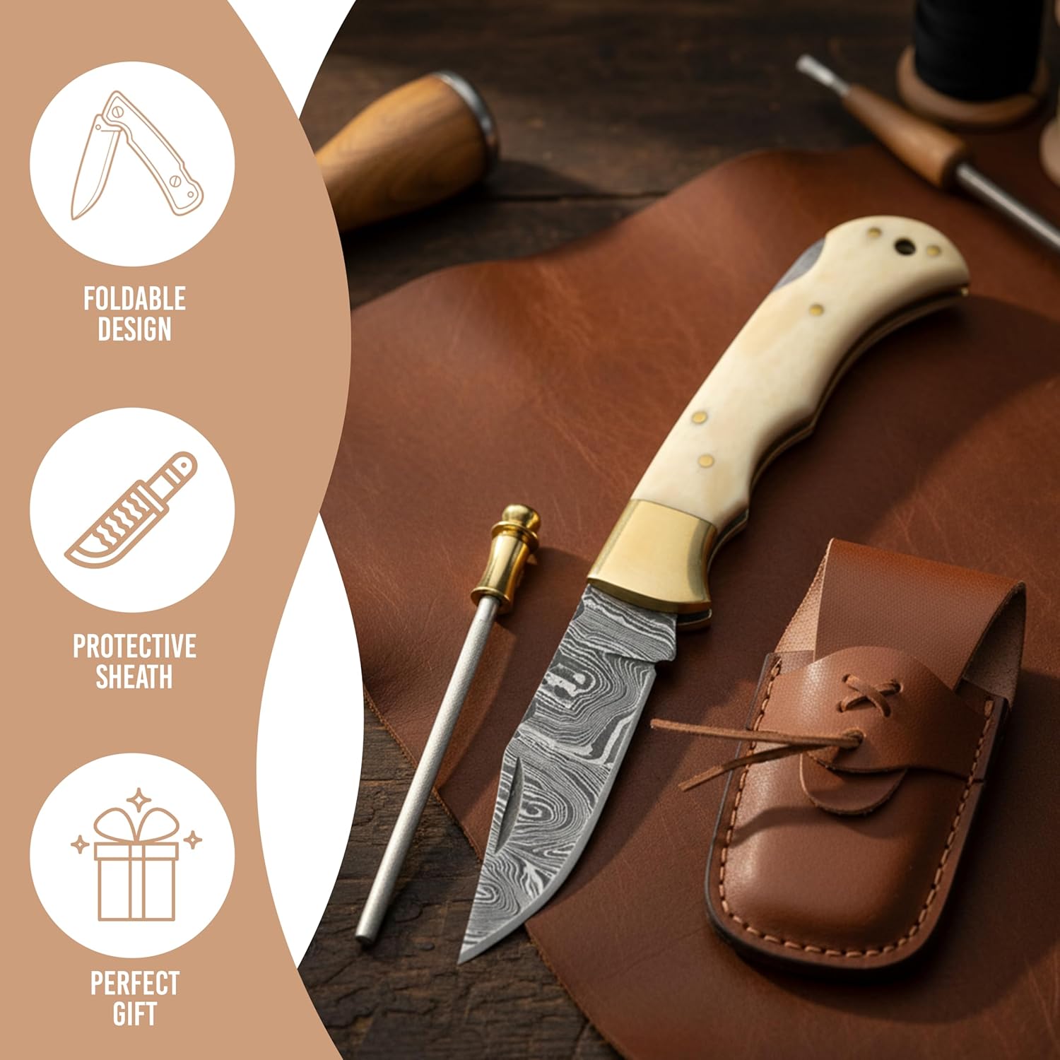 Perfect Handmade Husband Present for Anniversaries - Damascus Pocket Knife for Men - 6.5 Inch Folding Knife with Back Lock, Ideal for Camping and Hiking - LASTING Damascus Knife with Sheath