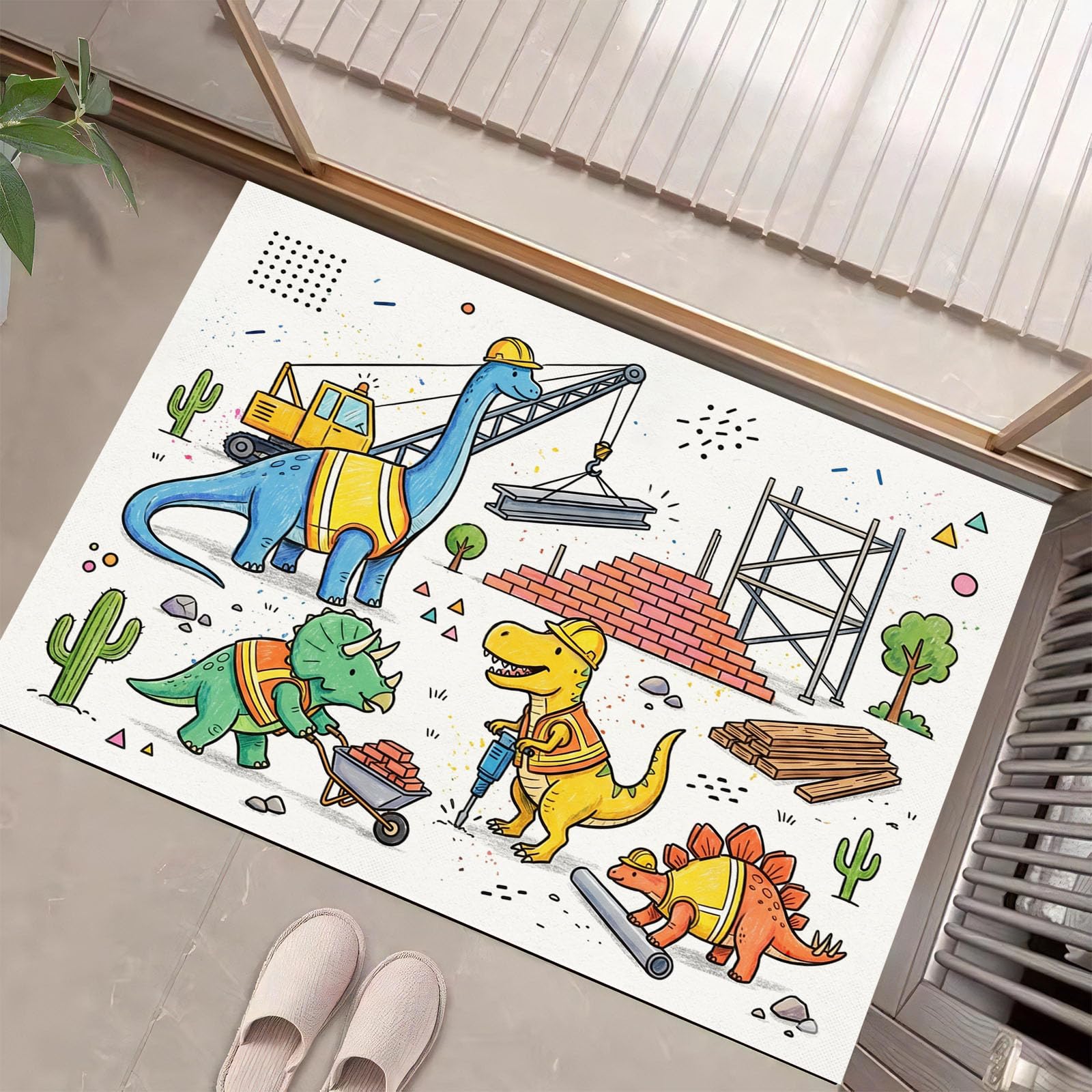 Felpudo de Entrada Dinosaurios Grúas Ladrillos, 80x120cm Alfombra para Puerta Constructores Dinosaurios, Antideslizante, Lavable Alfombrilla para Atrapar Suciedad para Pasillo, Cocina, Dormitorio