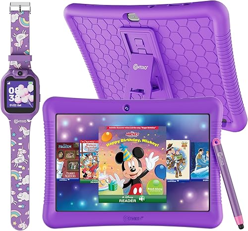 Contixo K102 - Tablet Android de 10 pulgadas y reloj inteligente KW1 para niños, 32 GB, incluye más de 80 libros de cuentos de Disney, reloj Morado