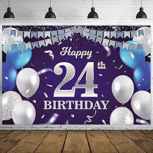 Miniatura 1 de Cartel de feliz cumpleaños 24 años, globos azul marino, confeti, bandera a rayas, puntos de luz, saludos a 24 años, decoración temática para mujeres