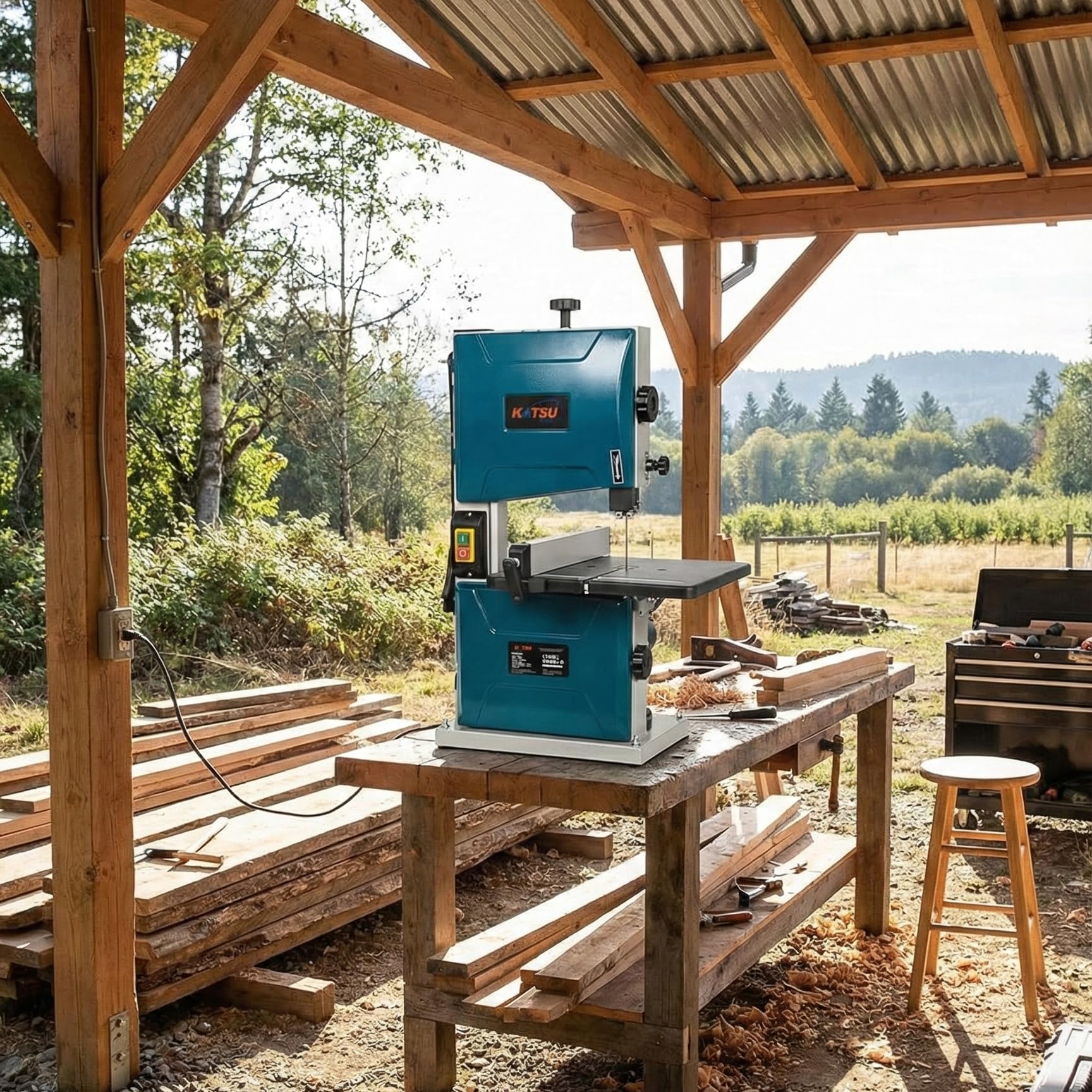 KATSU Tools Sega a nastro da banco 200 mm 350 W Sega a nastro elettrica per lavorazione del legno, tavolo da lavoro in metallo inclinabile a 45° per tagli obliqui, lama inclusa 100555