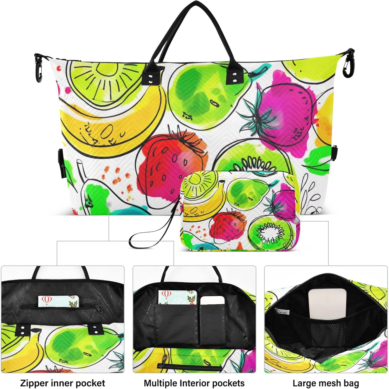 カラフルなカートゥーン フルーツ イエロー 梨 ダッフルバッグ トラベル&amp;トイレタリーポーチ 2個セット、かわいいプリント