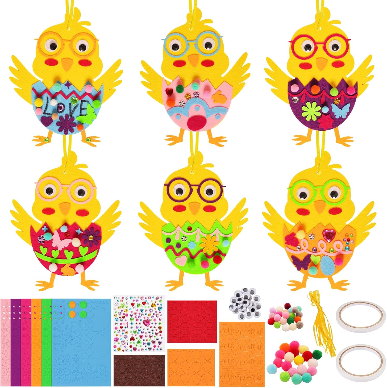 Dhthdrh 12 Sets Easter Decorations DIY 3D Chick Hatching from Egg Ornaments Easter Craft Kits Foam Stickers Pom-poms Googly Eyes Spring Activity Accessories Art Project for Adults Home Party Supplies