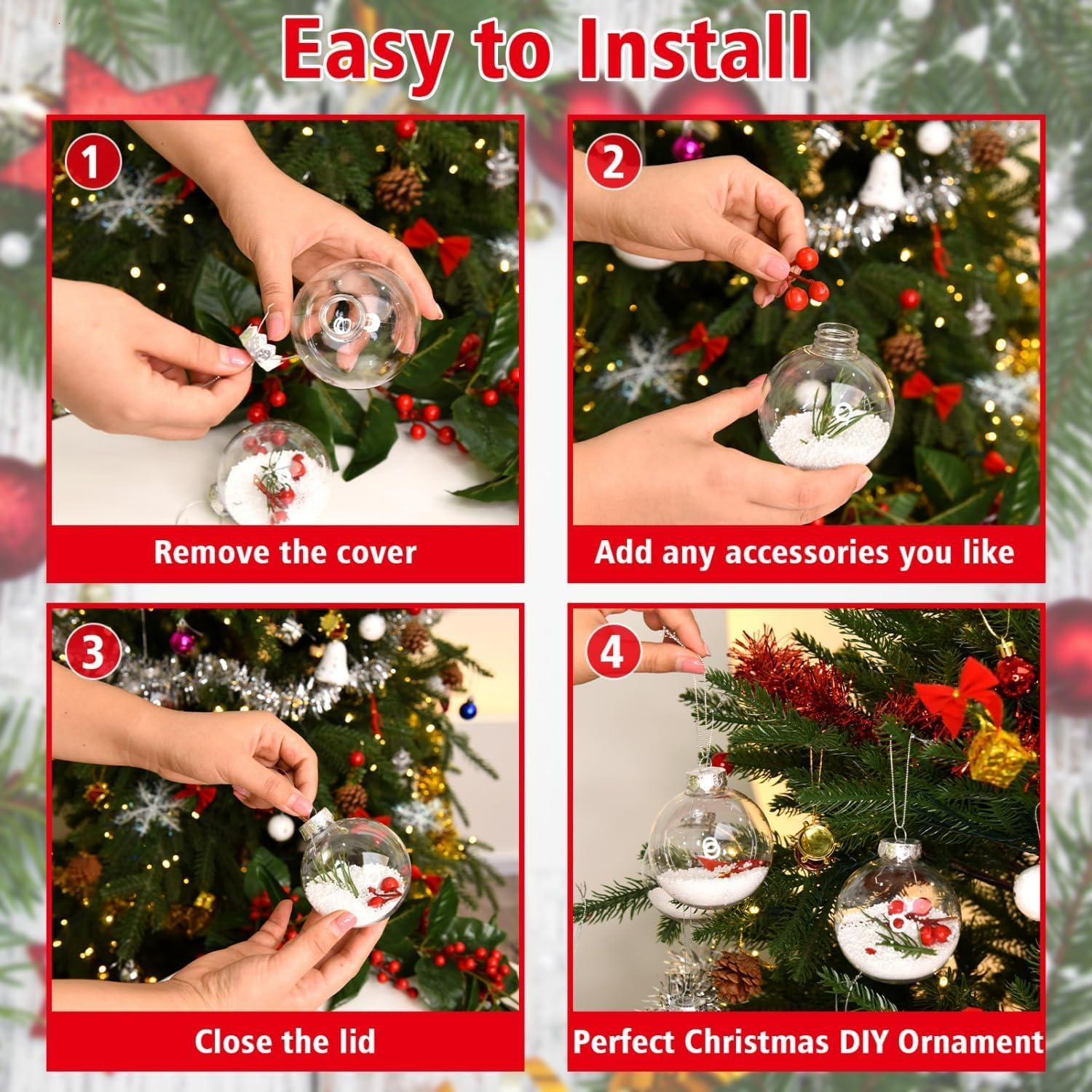 24 Pack 2.36 Inch Clear Christmas Ornaments, Fillable Hanging Ball with Rope for DIY Christmas Tree Decorations