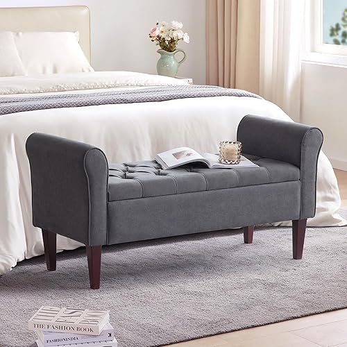 Miniatura 73 de HUIMO Banco de almacenamiento de 48 pulgadas, otomana de almacenamiento con brazos con patas de madera maciza de 7.5 pulgadas, banco de pie de cama