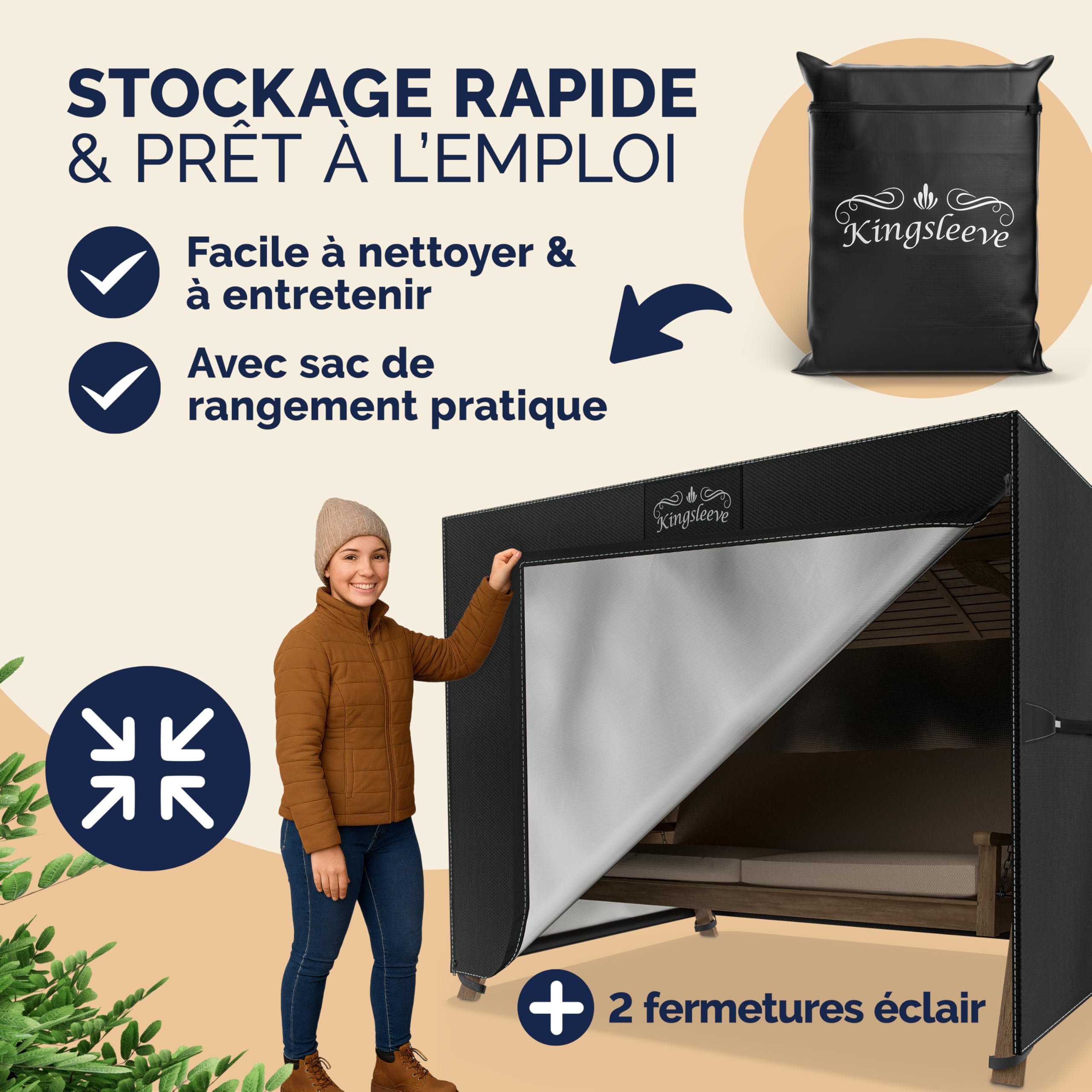 Kingsleeve® Housse de Balancelle de Jardin 2-3 Places en Tissu Oxford - Bâche de Protection Imperméable en Polyester Haute Qualité, Anti-Gel, Anti-UV, 175 x 125 x 160 cm