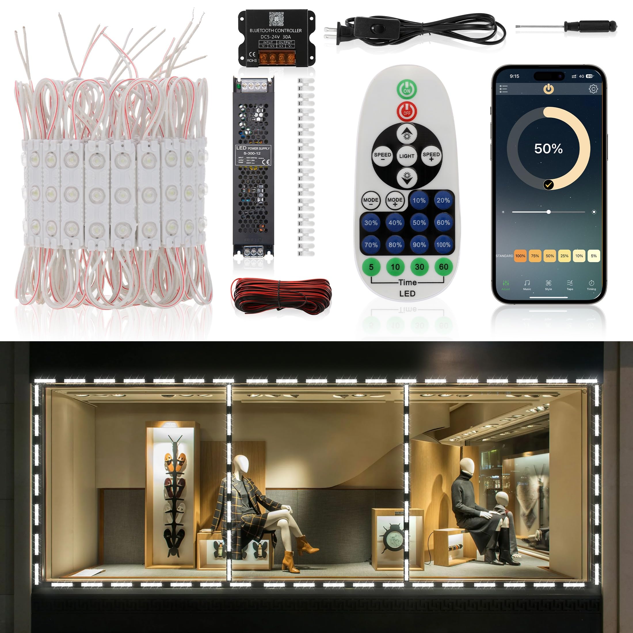 WICHEMI 100ft Storefront LED Light Bluetooth APP Control LED Module for Signs Daylight White 6500K Storefront Lights 0.7W 12V DC 200PCS 2835 SMD Window Lights for Business Advertising Store Décor