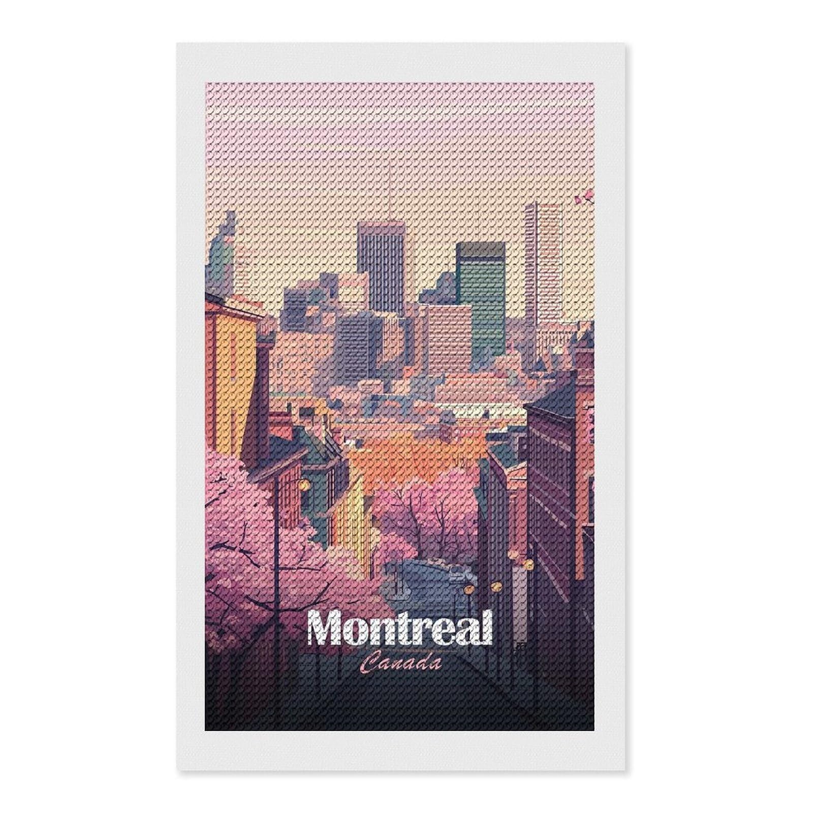 Junmoney Montreal Canada Cityscape with Cherry Blossoms Diamond Art Kit 12"x20", Neat Printed Canvas, Finish and Display, Relaxing DIY Hobby, Living Room Decor