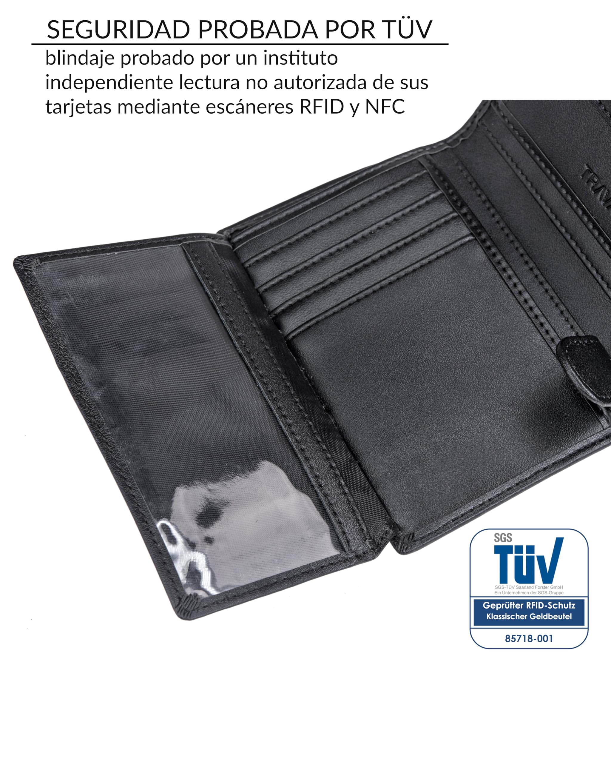 TRAVANDO Cartera Hombre Dublin con Bloqueador RFID Billetera Negra Tarjetero Monedero